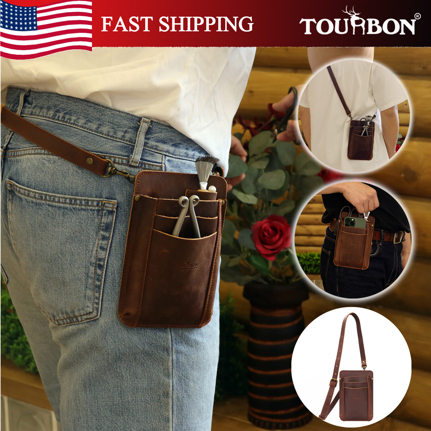 TOURBON Garden Tools Organizer Belt Pouch Women Leather Shoulder Bag for Gift