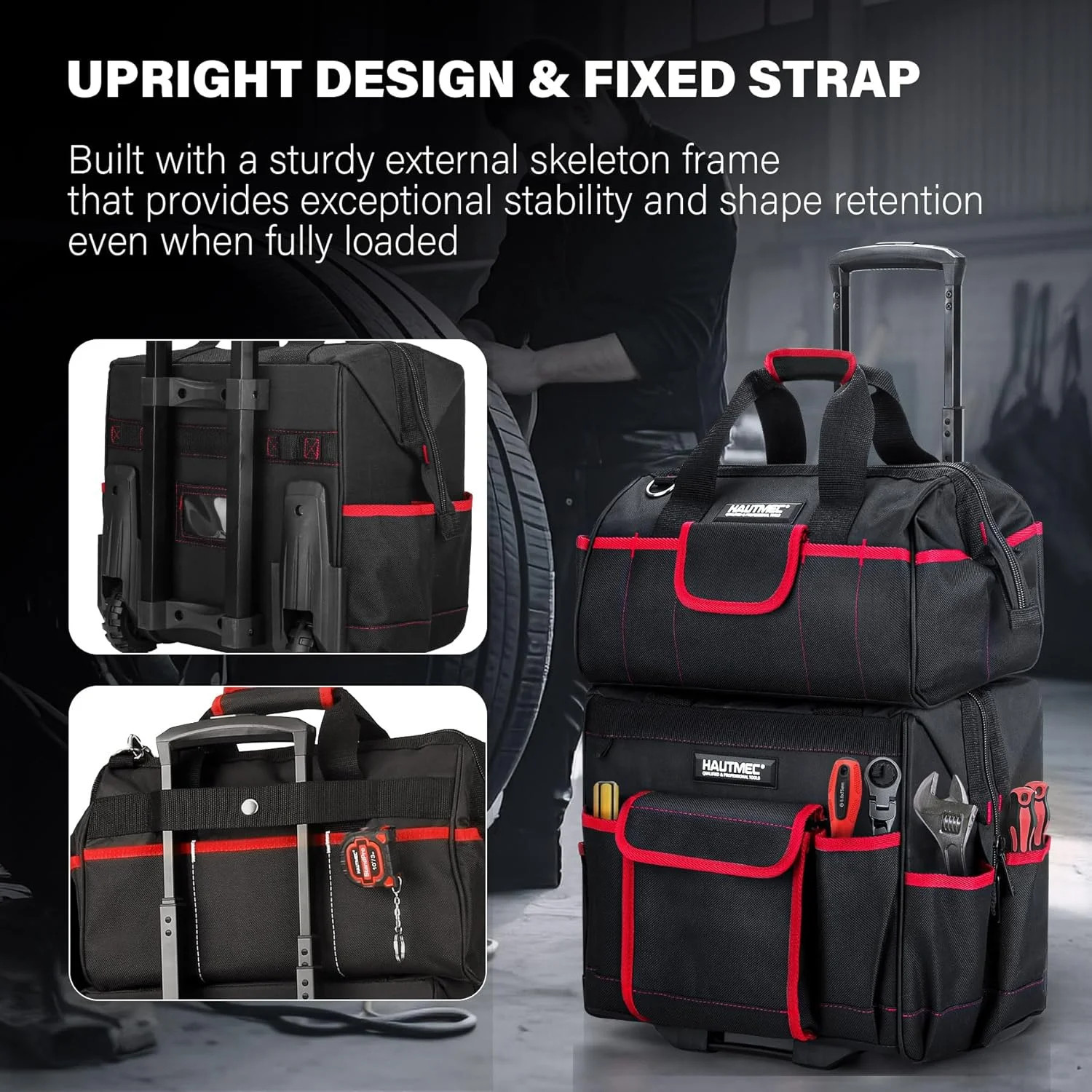 HAUTMEC 2-Piece Rolling Tool Bag Set, 15″ Wheeled Tool Bag & Wide Mouth Tool Tot