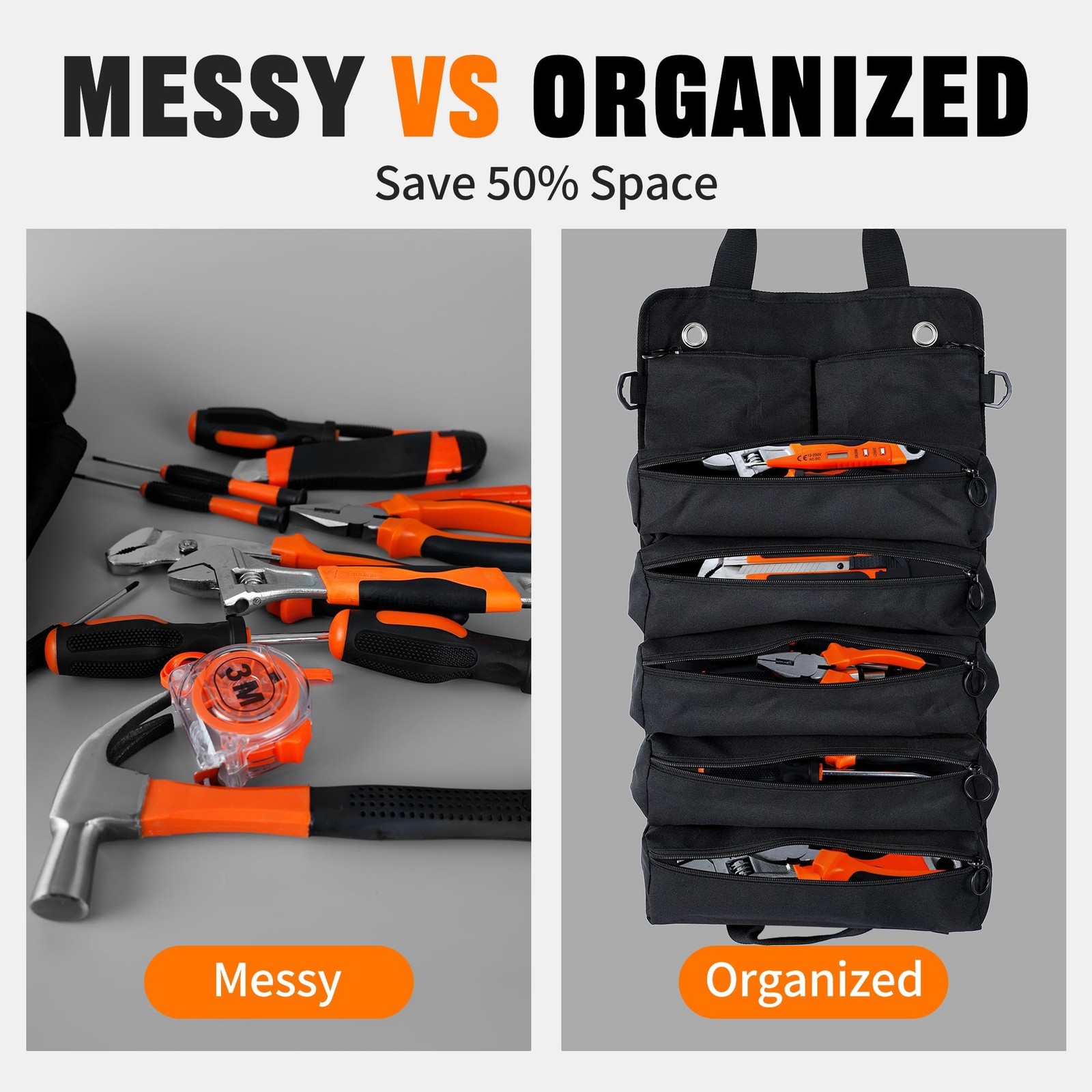 Portable Foldable Roll Up Tool Bag Organizer 21.3 x 12.6 x 3.95 inches, black