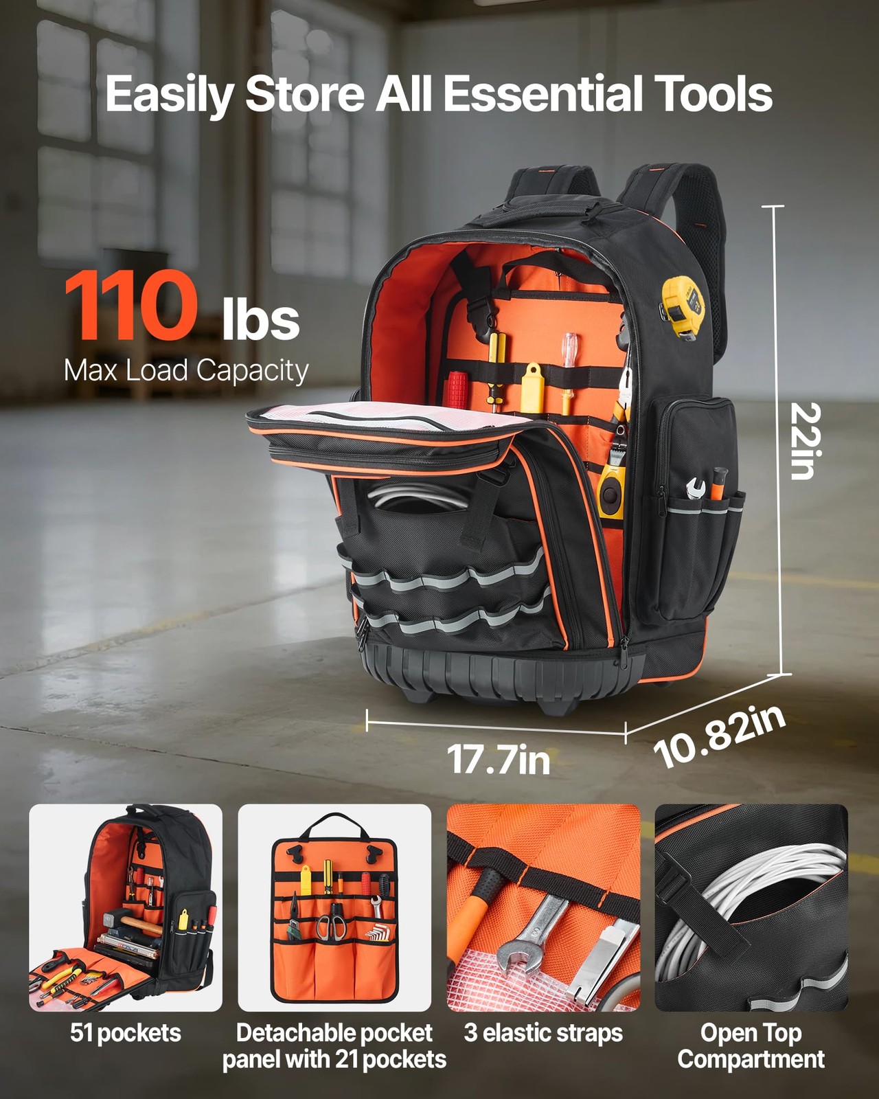 Vevor Rolling Tool Backpack 110 Lbs Load Capacity 72 Pockets Heavy Duty Roller