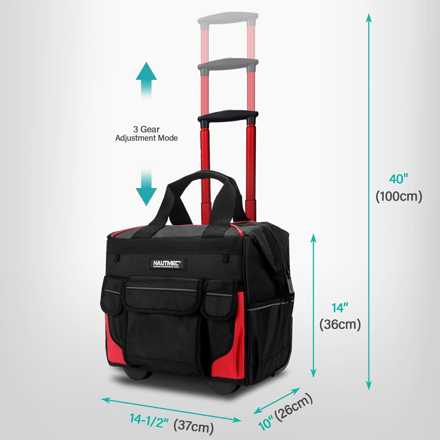 14.5″ Rolling Tool Bag with Wheels, 25-Pocket Portable Tool Box Organizer with W
