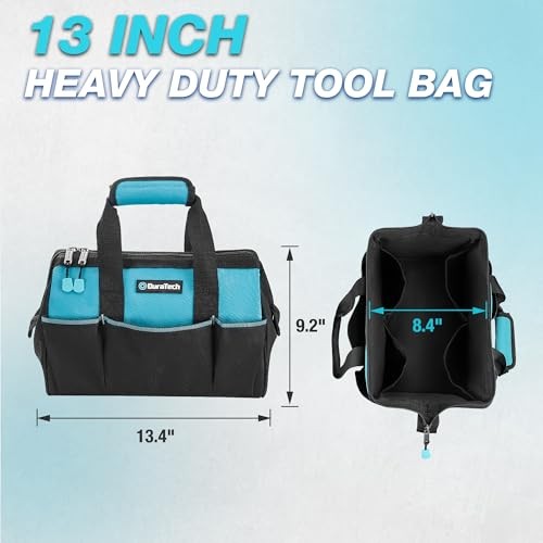 DURATECH 13 Inch Small Tool Bag, 9 Pockets, Blue Polyester, 33 lb Capacity
