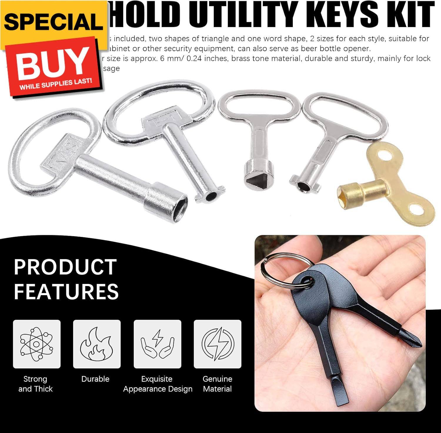 13 Pcs Utility Keys Kit Plumbers Key Tool Set 4 Way Service Cross Key, Triangle