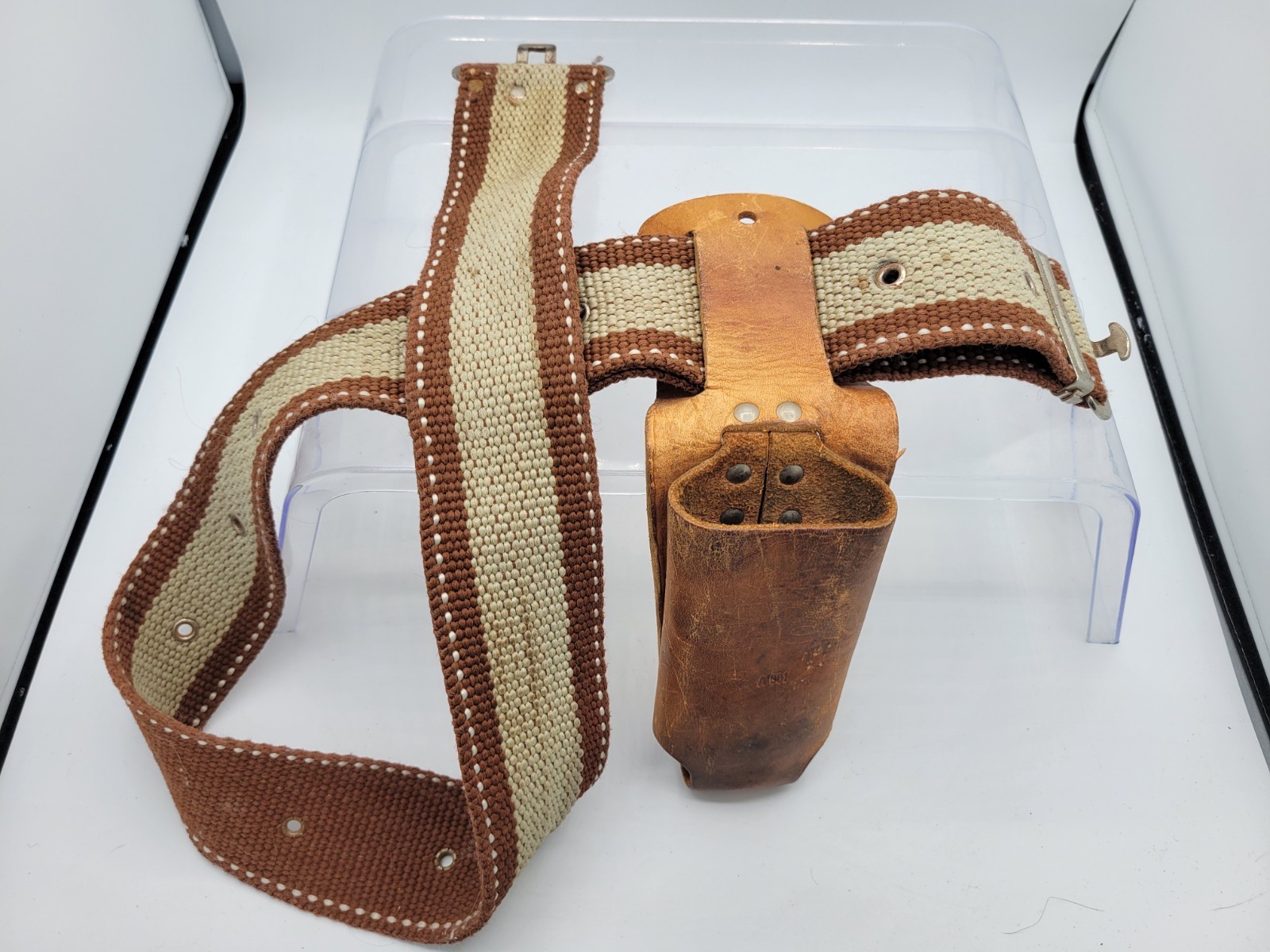 Vtg Leather Utility Belt Tool Pouch Canvas Strap Brown Cream Adjustable