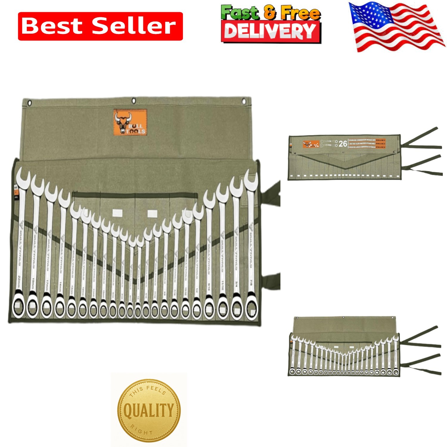 Wrench Roll, 26 Pocket Tool Pouch, Tool Bag Wrench Organizer Metric & SAE Com…