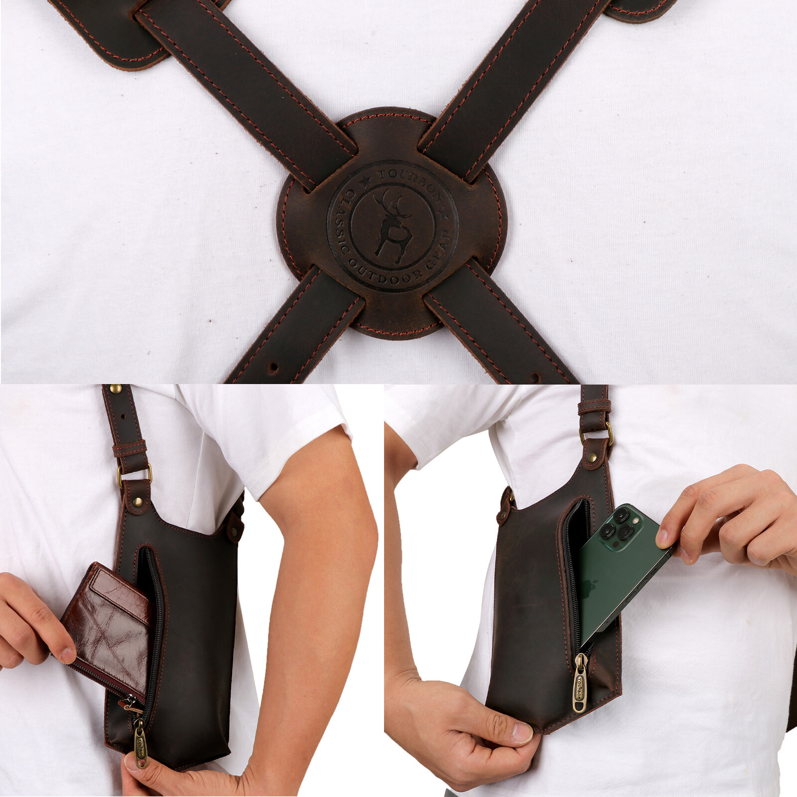 TOURBON Leather Concealed Double Underarm Shoulder Holster Bag Phone Case Wallet