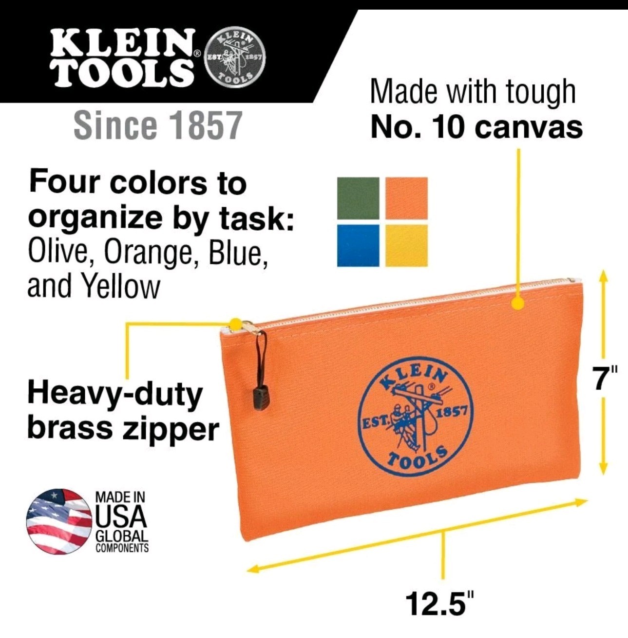 Klein 5140 Zipper Bags Canvas Tool Pouches Olive/Orange/Blue/Yellow 4-Pack NEW