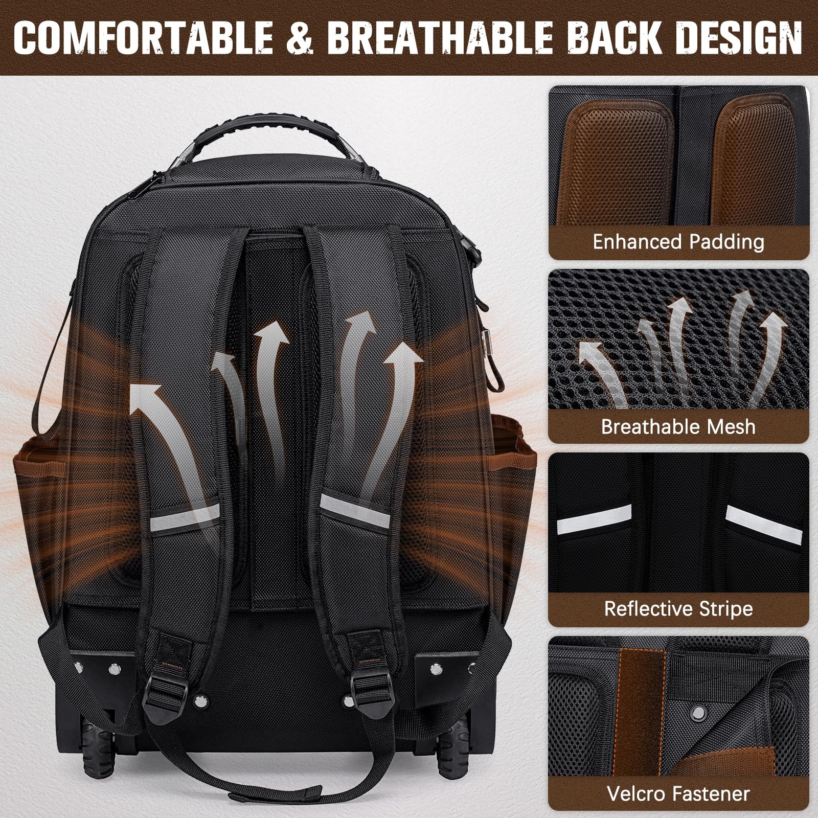 Rolling Tool Backpack Heavy Duty, 43 13.8″ x 8.7″ x 18.5″, ‎Black-Brown