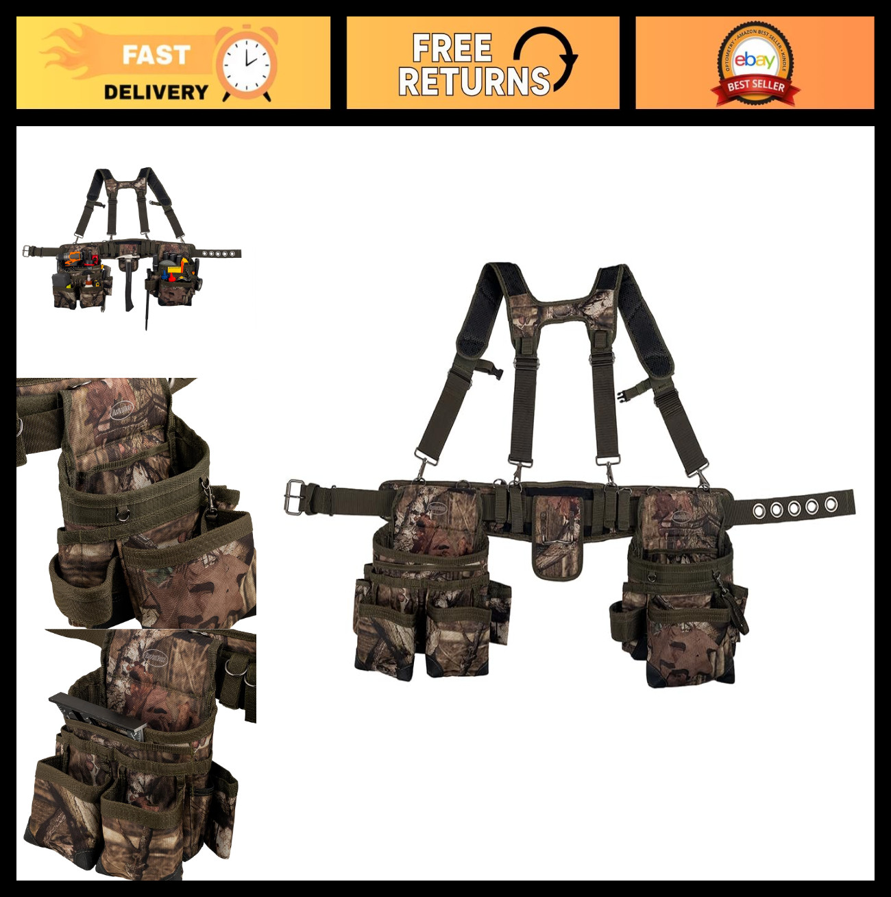 Camo Tool Belt with Suspenders – Heavy Duty Multi-Pocket Work Belt, 52