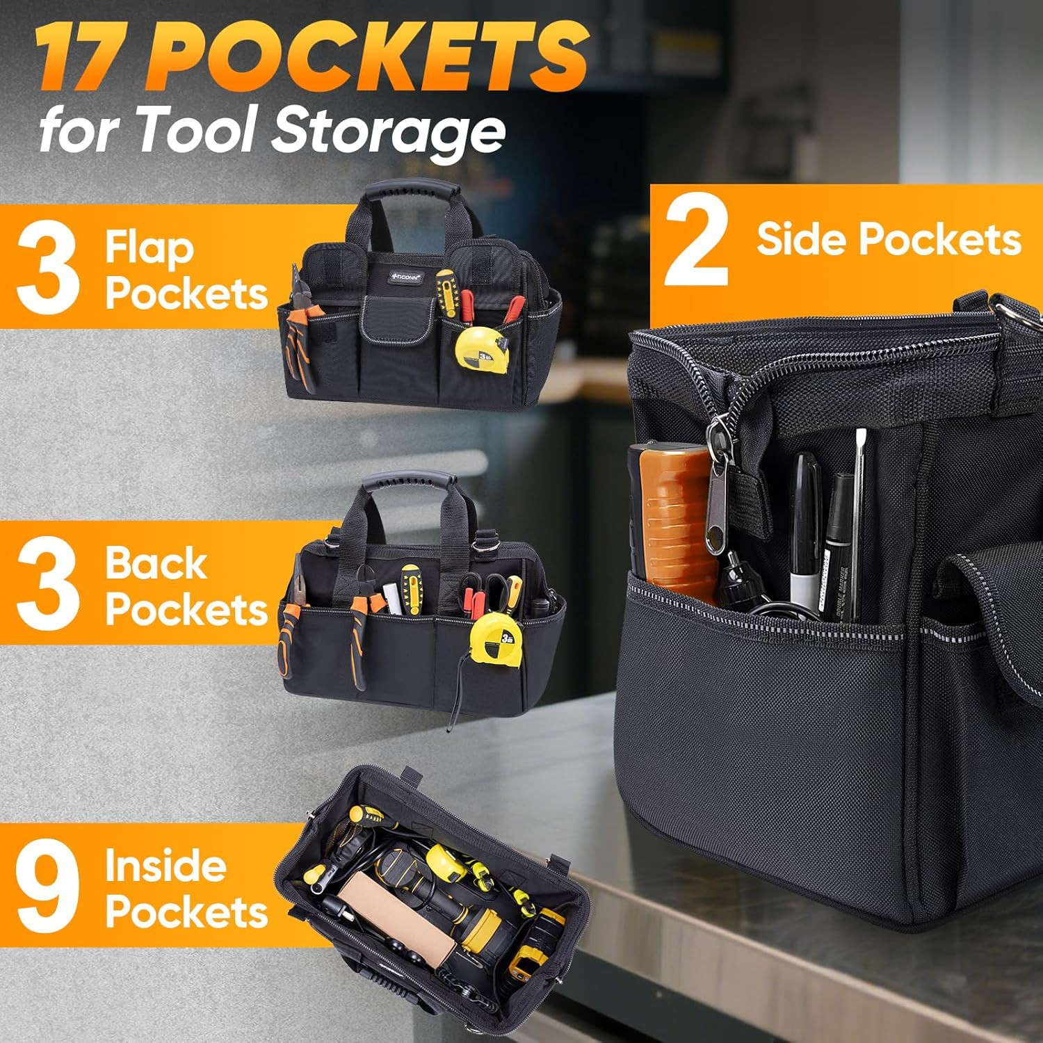 Heavy Duty Tool Bag with Multi-Pockets, Portable Tool Box Organizer Storage Bag,