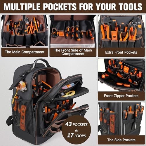 Heavy Duty Rolling Tool Backpack – 43 Pockets, Wheeled Tool Bag for Electricians