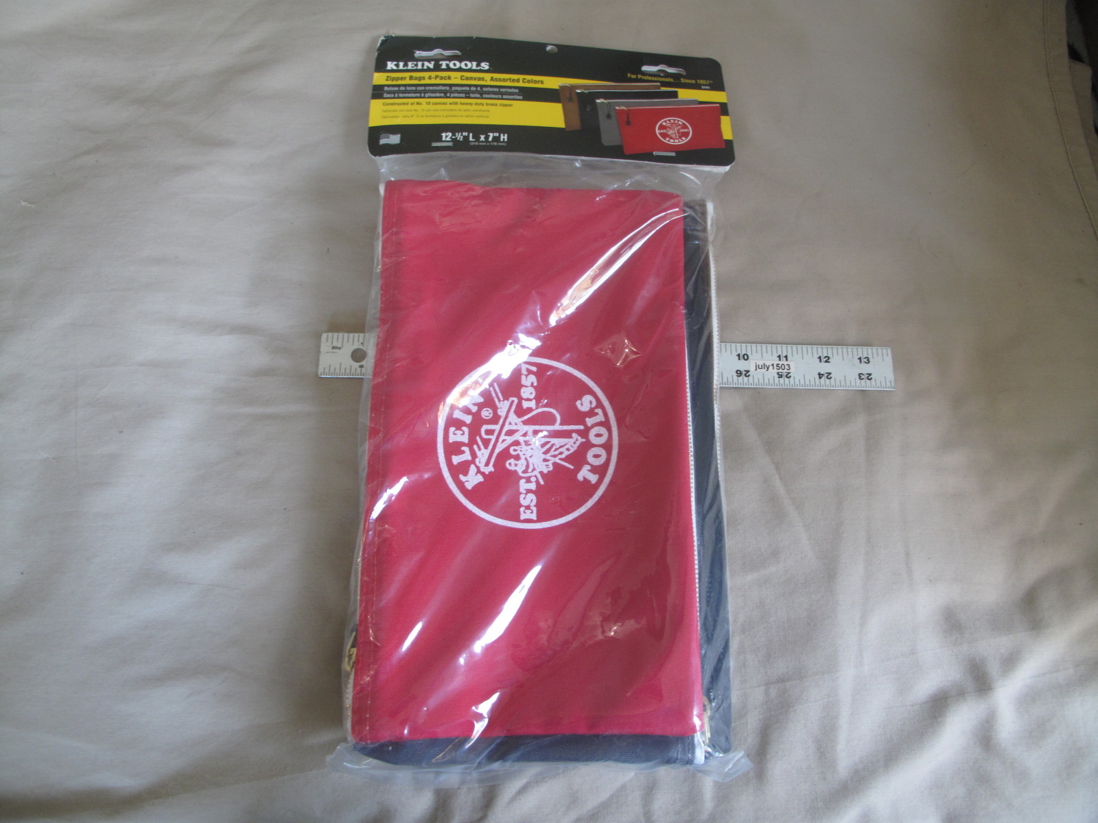 (1) NEW Klein Tools Canvas Zipper Bag 4-pack 12-1/2″ x 7″ Red Gray Brown Black