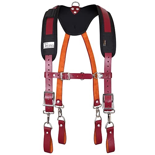 Leather Work Suspenders With Pockets | Fully-Adjustable Padded Leather Maroon