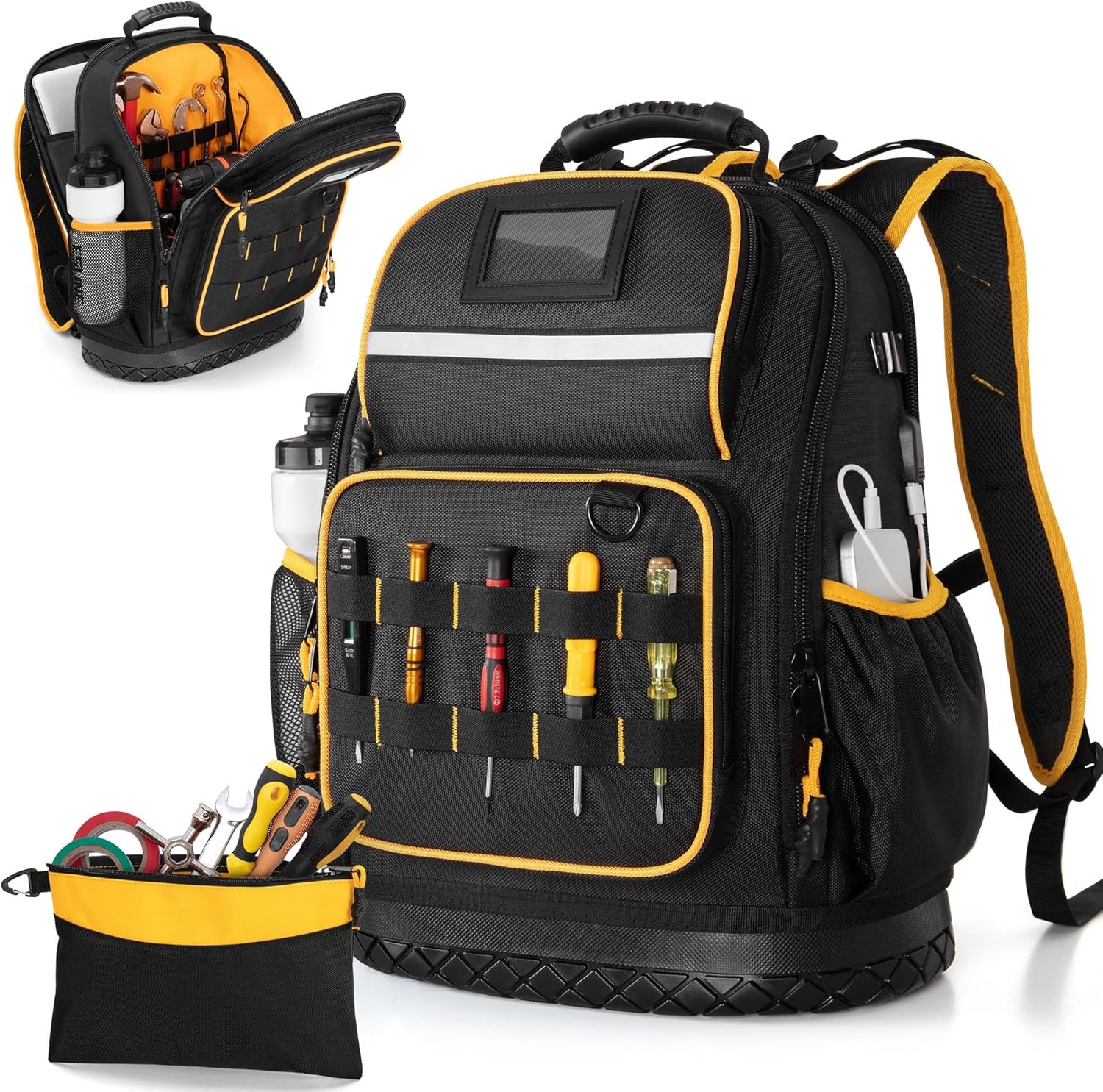 Tool Backpack with Hard Bottom and a Tool Pouch, Heavy Duty Tool Bag with Multip