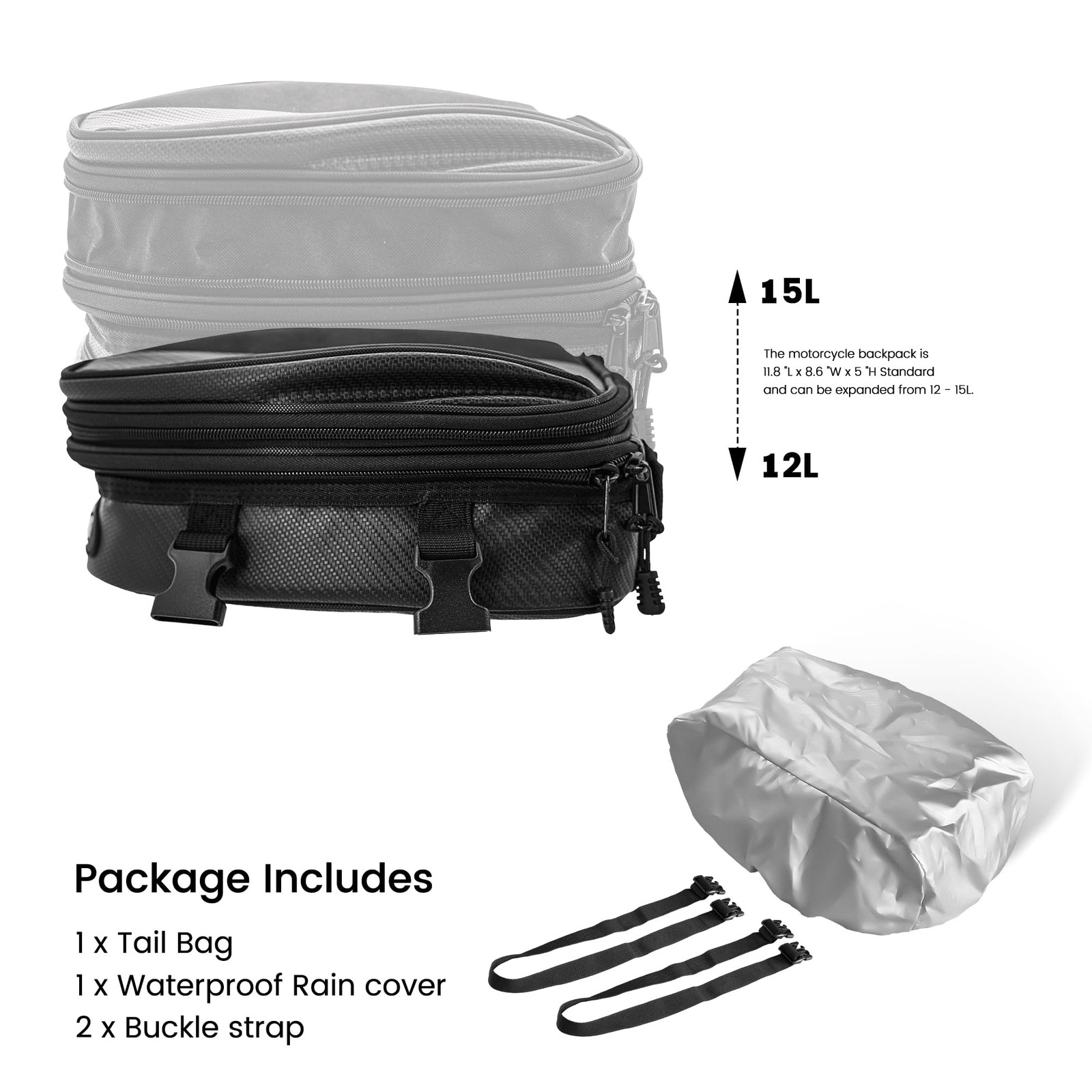 Motorcycle Tail Bag, 12L-15L Expandable Waterproof Motorbike Rear Seat Luggag…