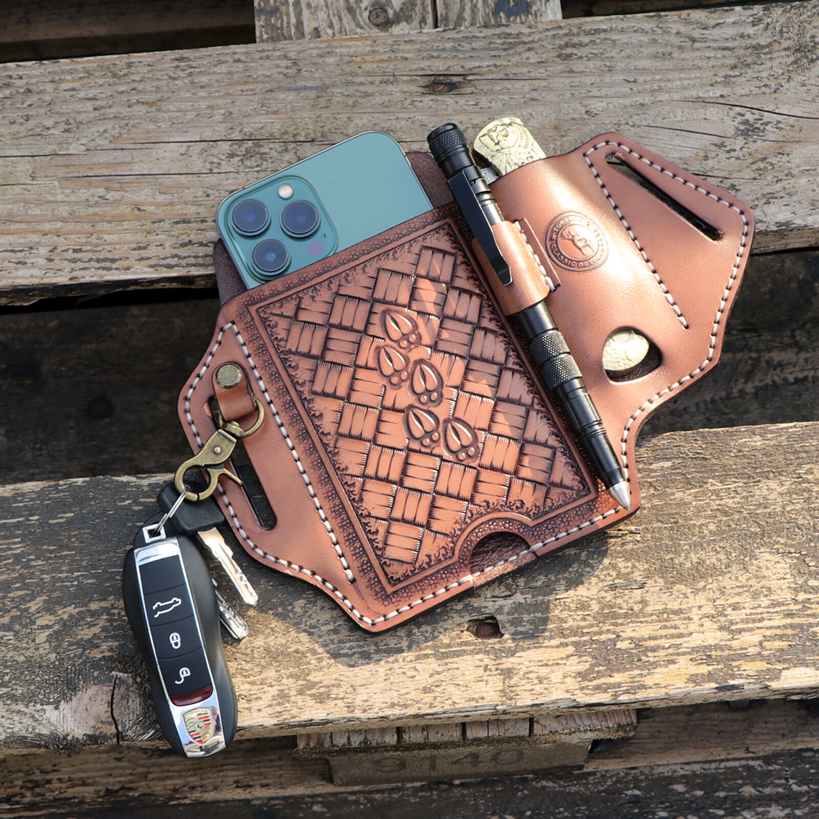 TOURBON Leather Cell Phone Case Pouch Holster Belt Knife Sheath Pen Holder Case