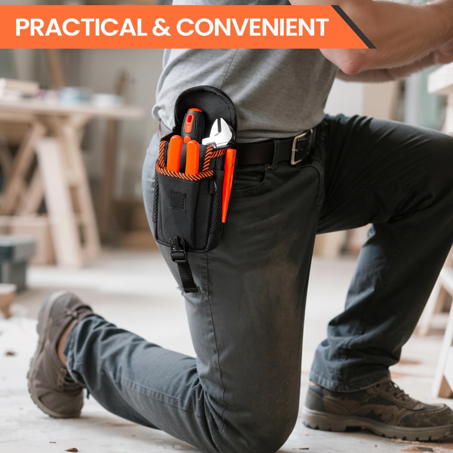 Black Orange Heavy Duty Utility Tool Belt Pouch with Mesh Pocket Holder
