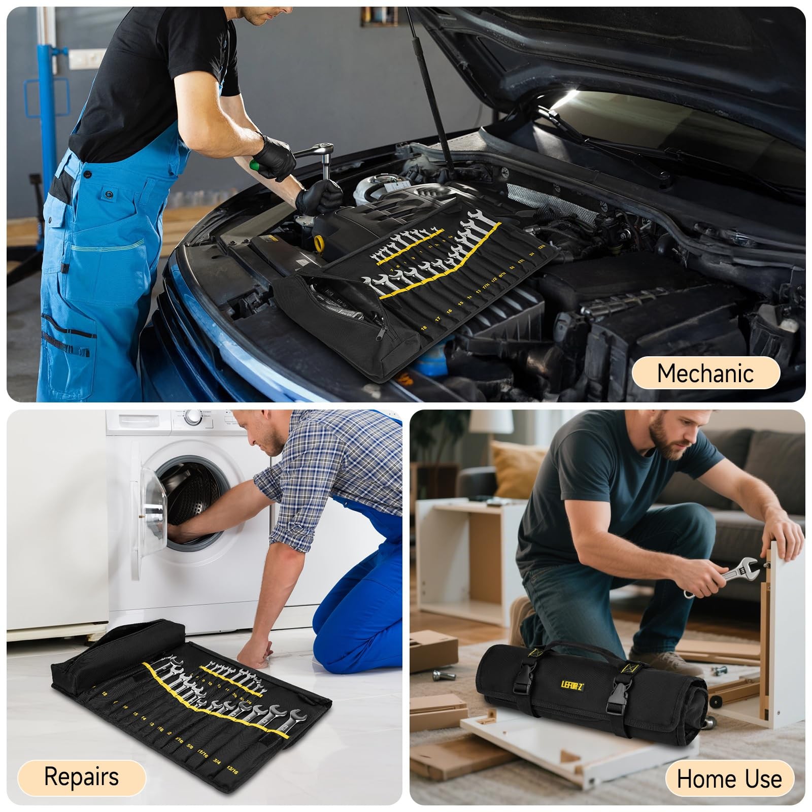 23+1 Pockets Wrench Roll Organizer Wrench Roll Up Pouch Heavy Duty Tool Roll for