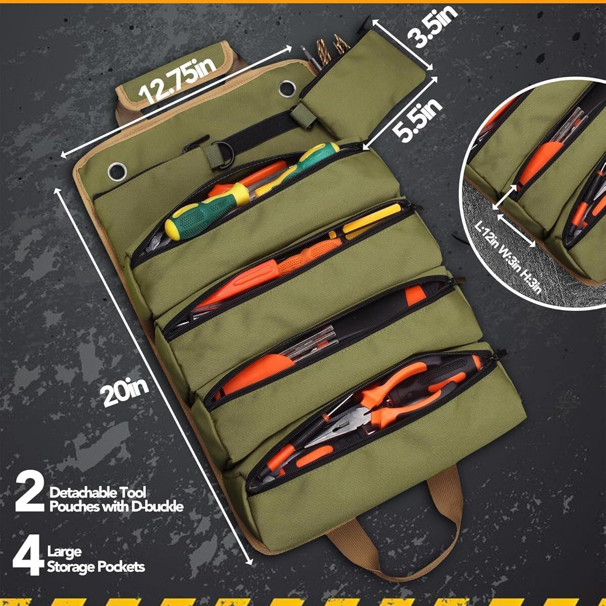 Multi-Purpose Tool Roll Up Bag Wrench Pouch Canvas Hanging Organizer w/ 6 Pocket