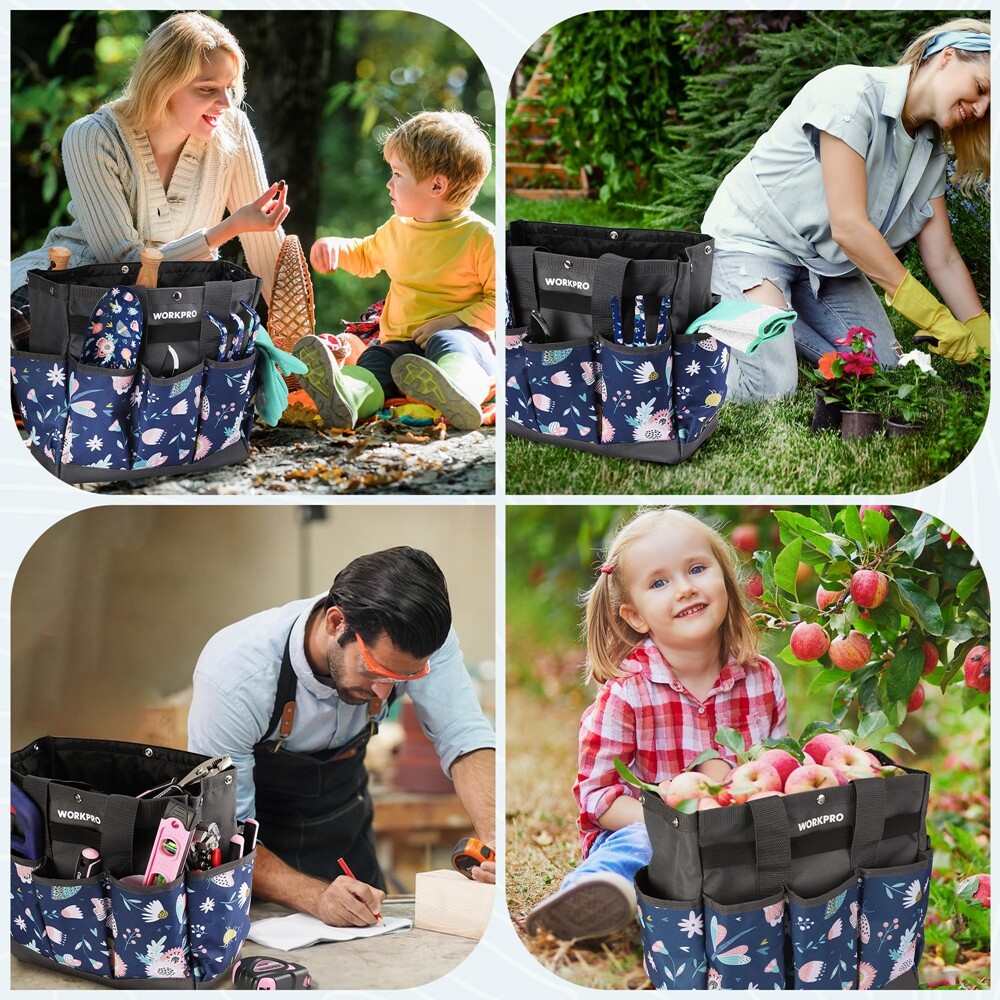 WORKPRO Garden Tool Bag, 9 Pockets Garden Tote Bag, Heavy Duty Oxford Blue