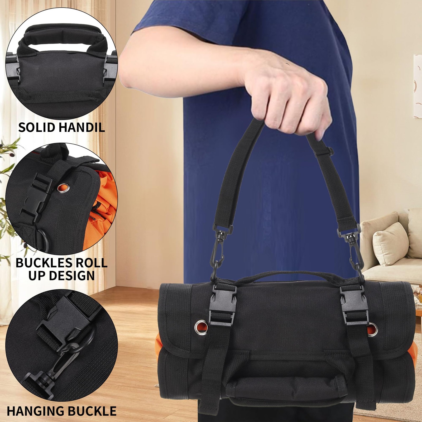 Tool Roll Bag Organizer Carrier Storage 6 Zipper Pockets Strap Mechanic Orange