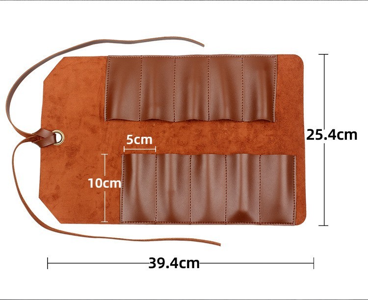 Brown PU Leather Tool Roll Pouch 10 Slots Portable Carrying Pouch for Hand Tools