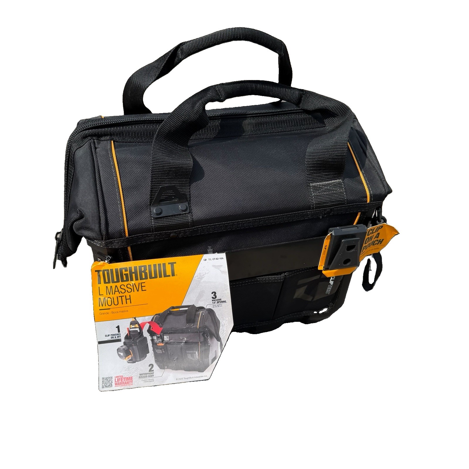 ToughBuilt L Massive Mouth Black Waterproof Storage Clip Pouches Tool Bag NEW