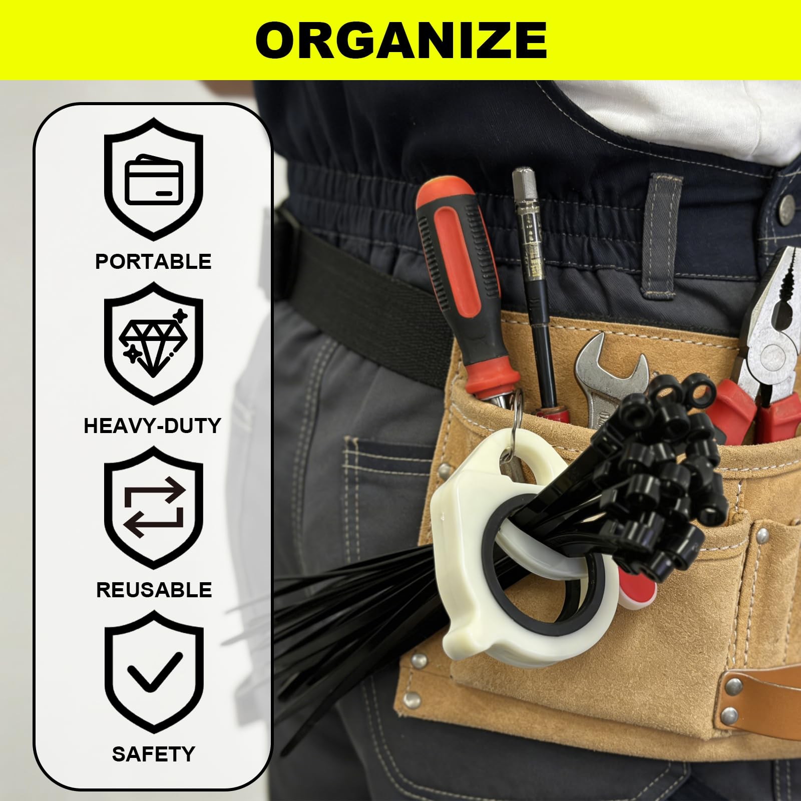 Zip Tie Holder Cable Organizer Clip with Carabiner—Ideal for Tool White