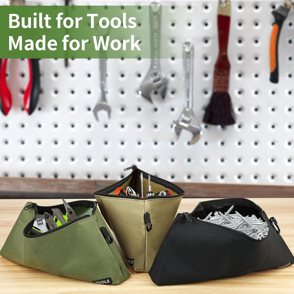3 Pack Premium Tool Pouches Zipper Bag, Small Tools Bags with Carabiner, Heavy