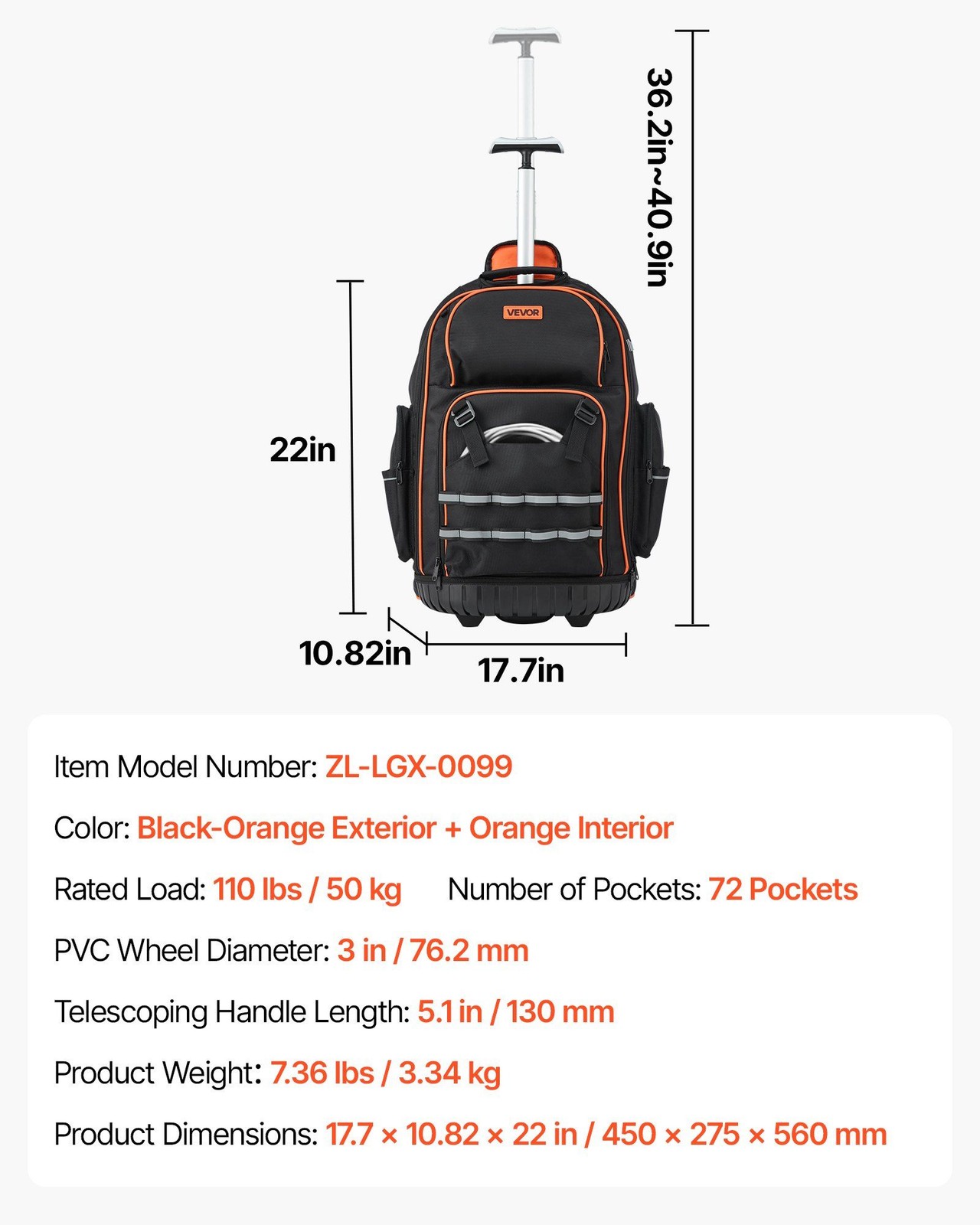 VEVOR Rolling Tool Backpack 72 Pockets Heavy Duty Roller Tool Bag on Wheels