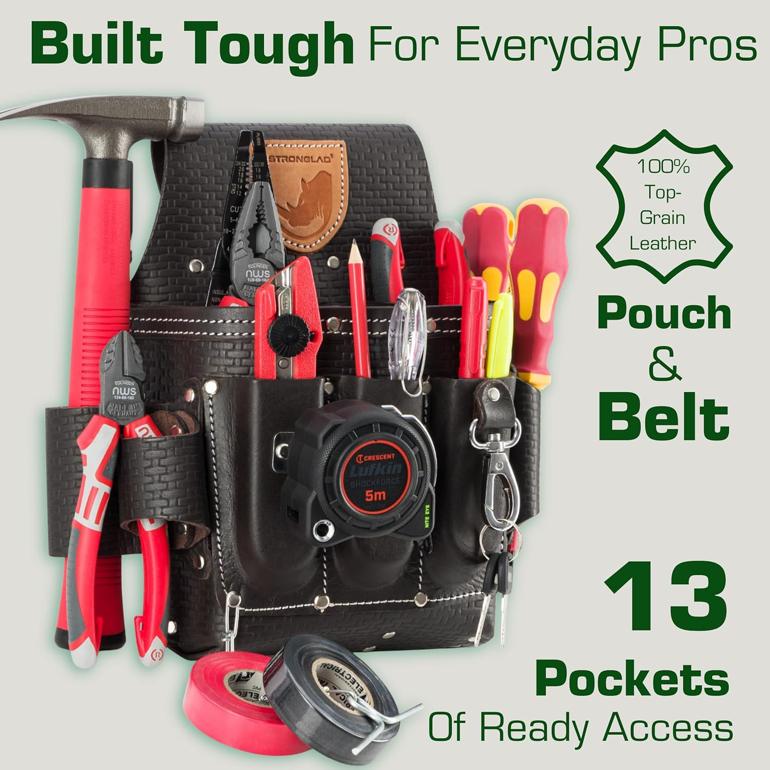 Heavy Duty Electricians Tool Belt – 13 Pocket Top Grain Leather Pouch, Adjustabl