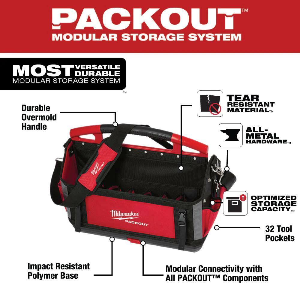 milwaukee caddy/tote 20 in packout tool bag tear-resistant shoulder strap red