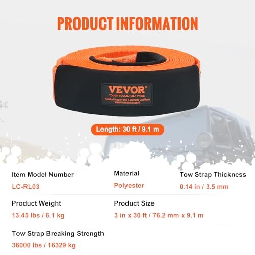 Polyester Heavy Duty Tow Strap Recovery Kit 3″ x 30 ft (MBS-36,000 lbs) Winch