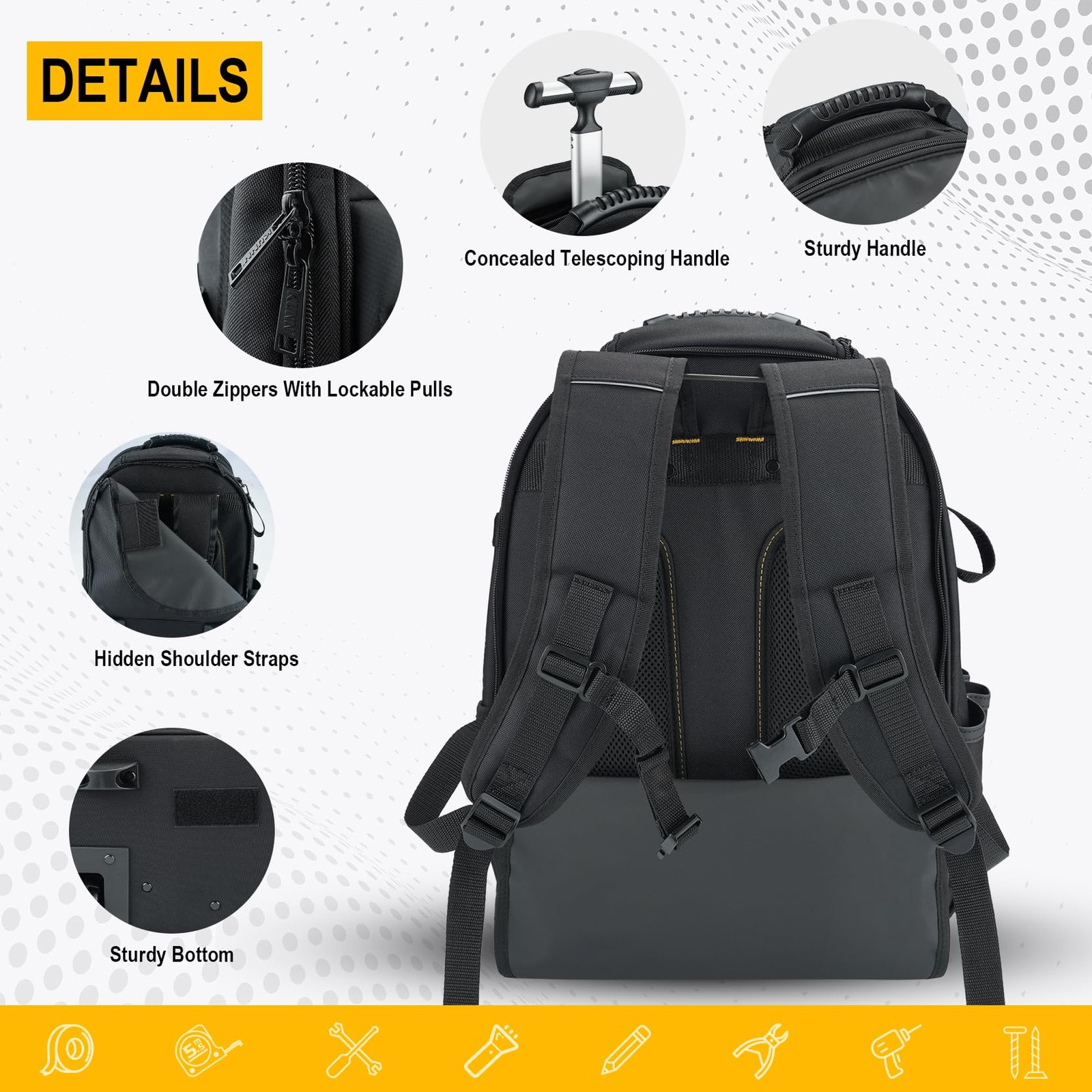 Rolling Tool Backpack with Wheels, Heavy Duty Waterproof Wheeled Tool Bag, 47…