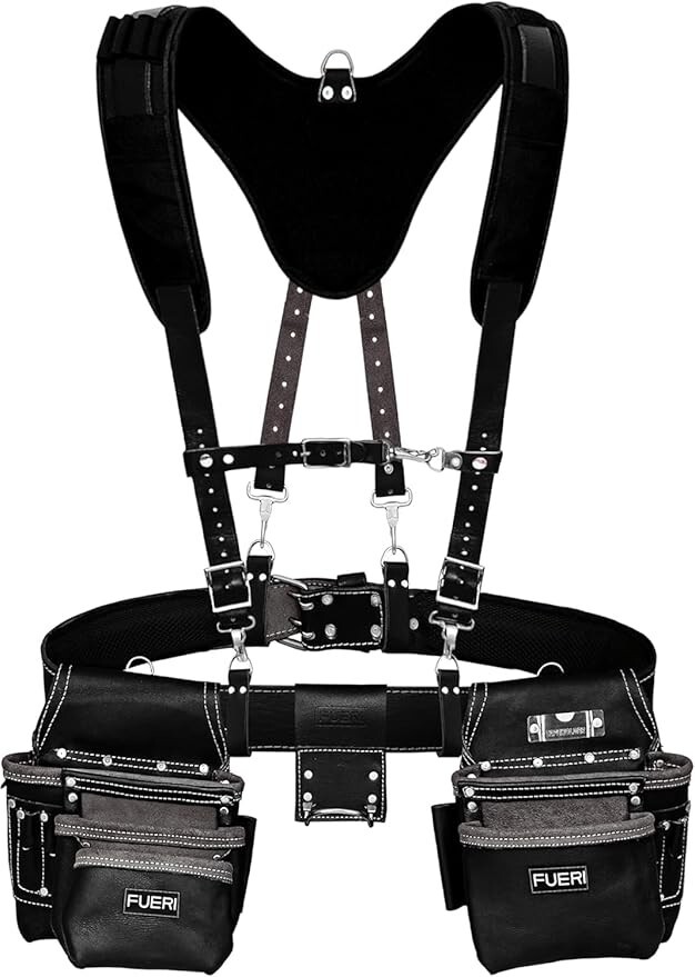 FUERI Leather Tool Belt With Suspender Heavy Duty 17 Pocket Pouches Bags Holder