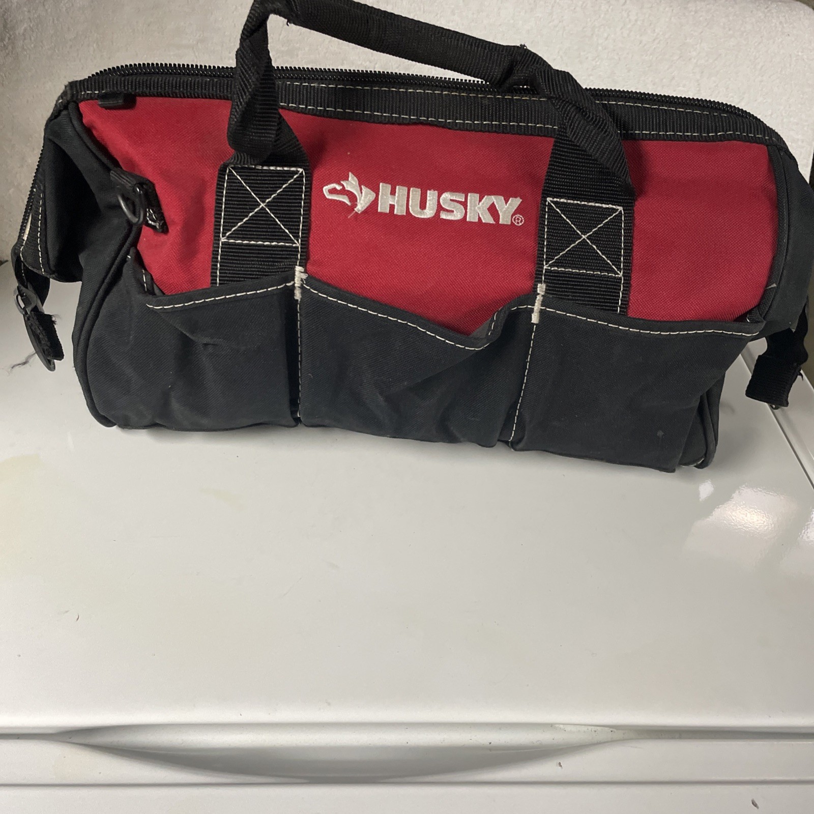 Husky Zippered Tool Bag Red Black 15 in Wide Mouth Canvas 5 Outer Pockets