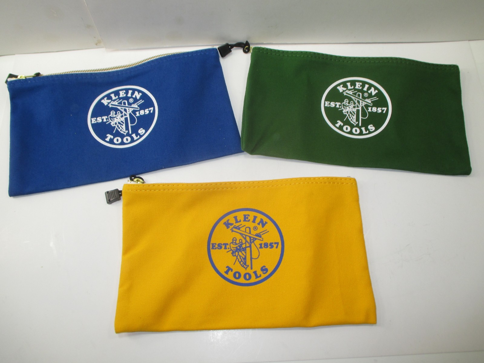 LOT OF 3 KLEIN TOOLS 5140 ZIPPER BAGS~BLUE, GREEN, YELLOW~NEW WITHOUT PACKAGING