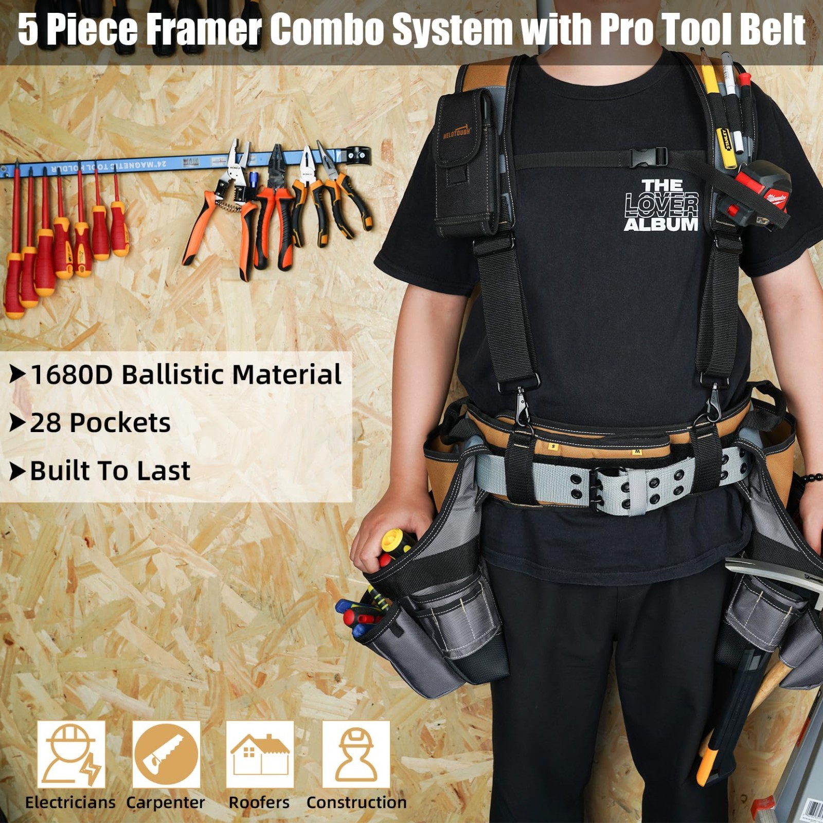 28-Pocket Heavy Duty Tool Belt with Padded Suspenders & Magnetic Holder – Perfec