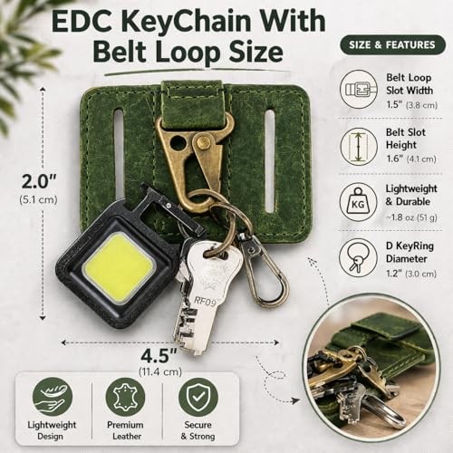 Heavy Duty EDC Leather Key Ring Keychain Holder with Belt Loop, Key Fob Green