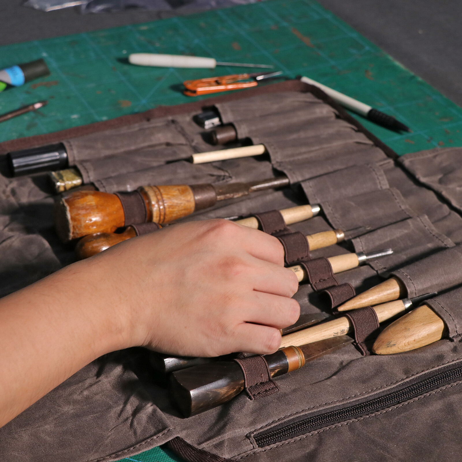 TOURBON Roll Carving Tool Organizer Bag Storage Holder Zip Pouch Wax Canvas US