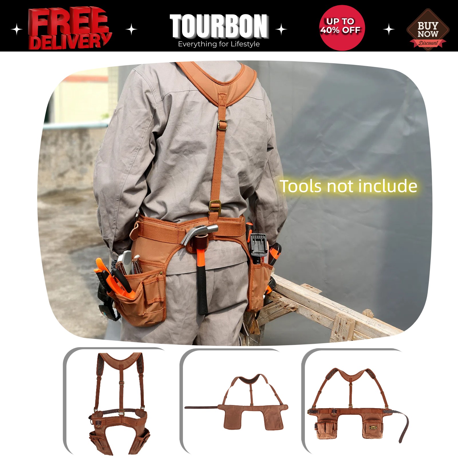 Tourbon Work Tool Belt Suspenders Pouch Heavy Duty Electrician Carpenter Strap
