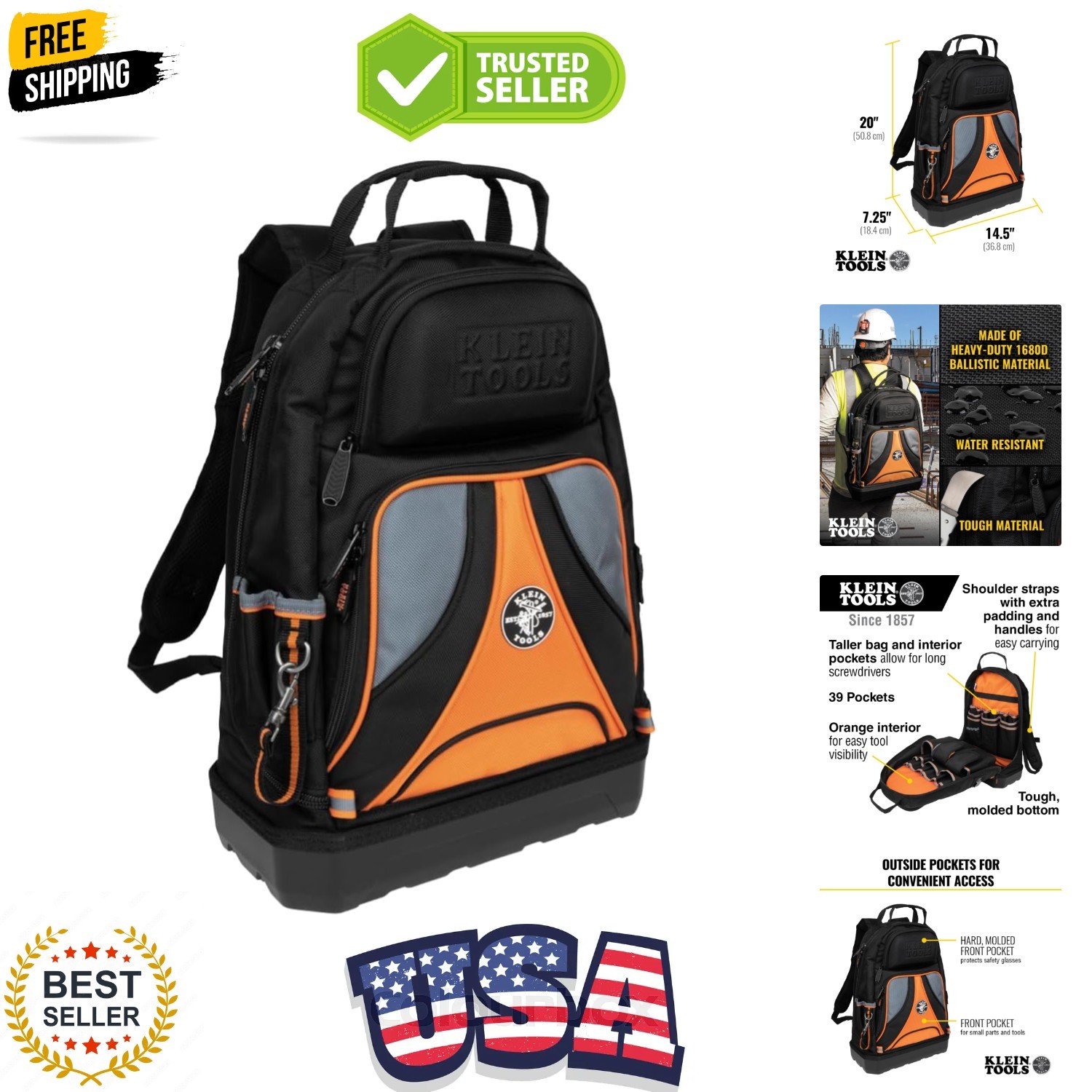 55421BP-14 Tool Backpack, Heavy Duty Tradesman Pro Tool Bag Organizer with 39…