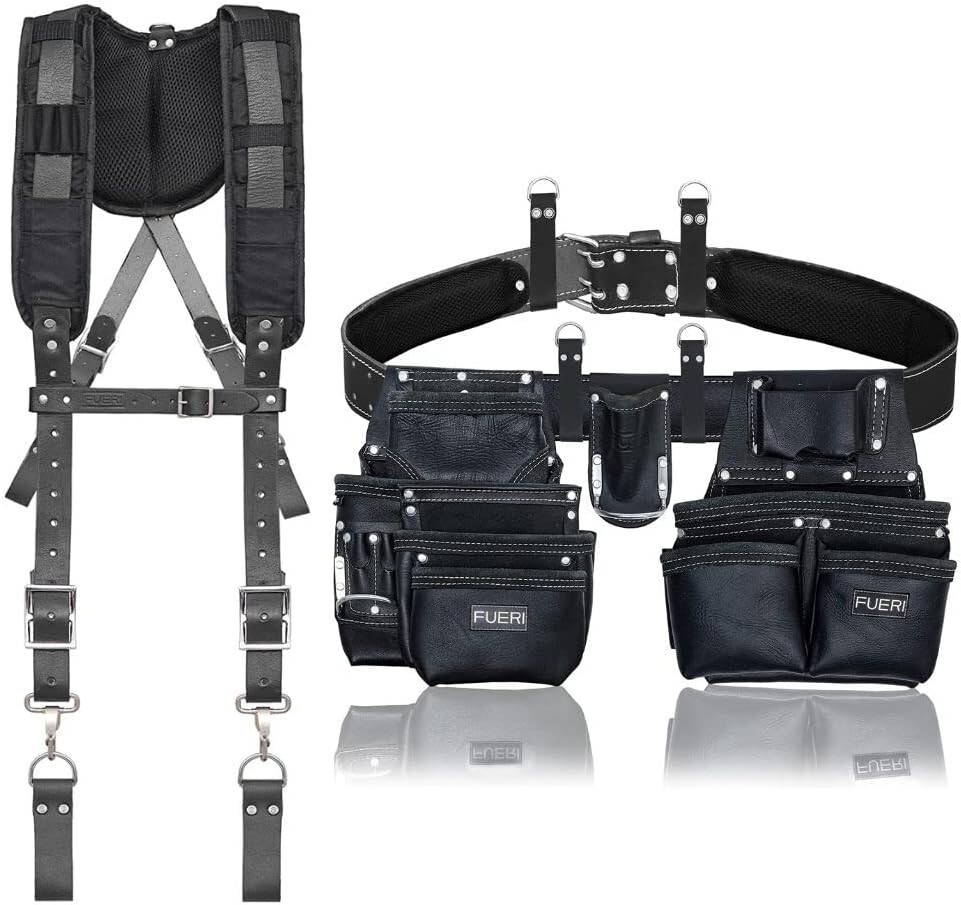 Leather Tool Belt With Suspenders Adjustable Padded Carpenter Tool Pouch Bag