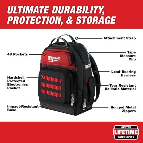 Milwaukee 48-22-8201 48-Pocket Hard Molded Ultimate Jobsite Backpack, Black/Red