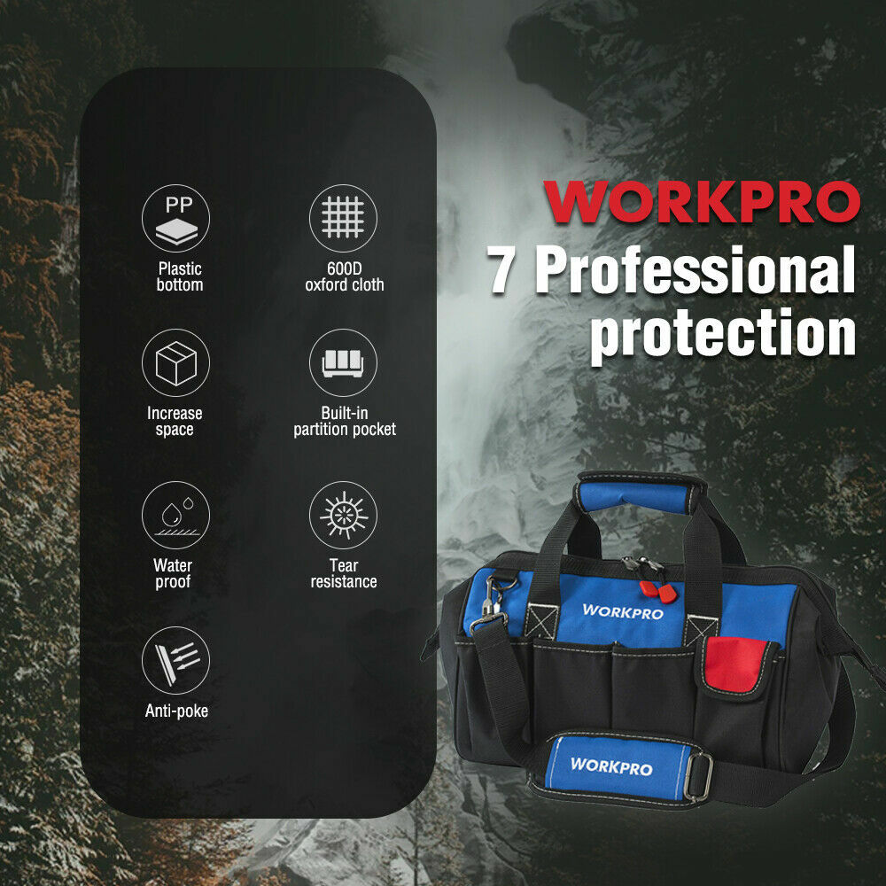 WORKPRO 16”/18″ Durable Tool Bag Wide Mouth Waterproof Heavy Duty Tool Storage