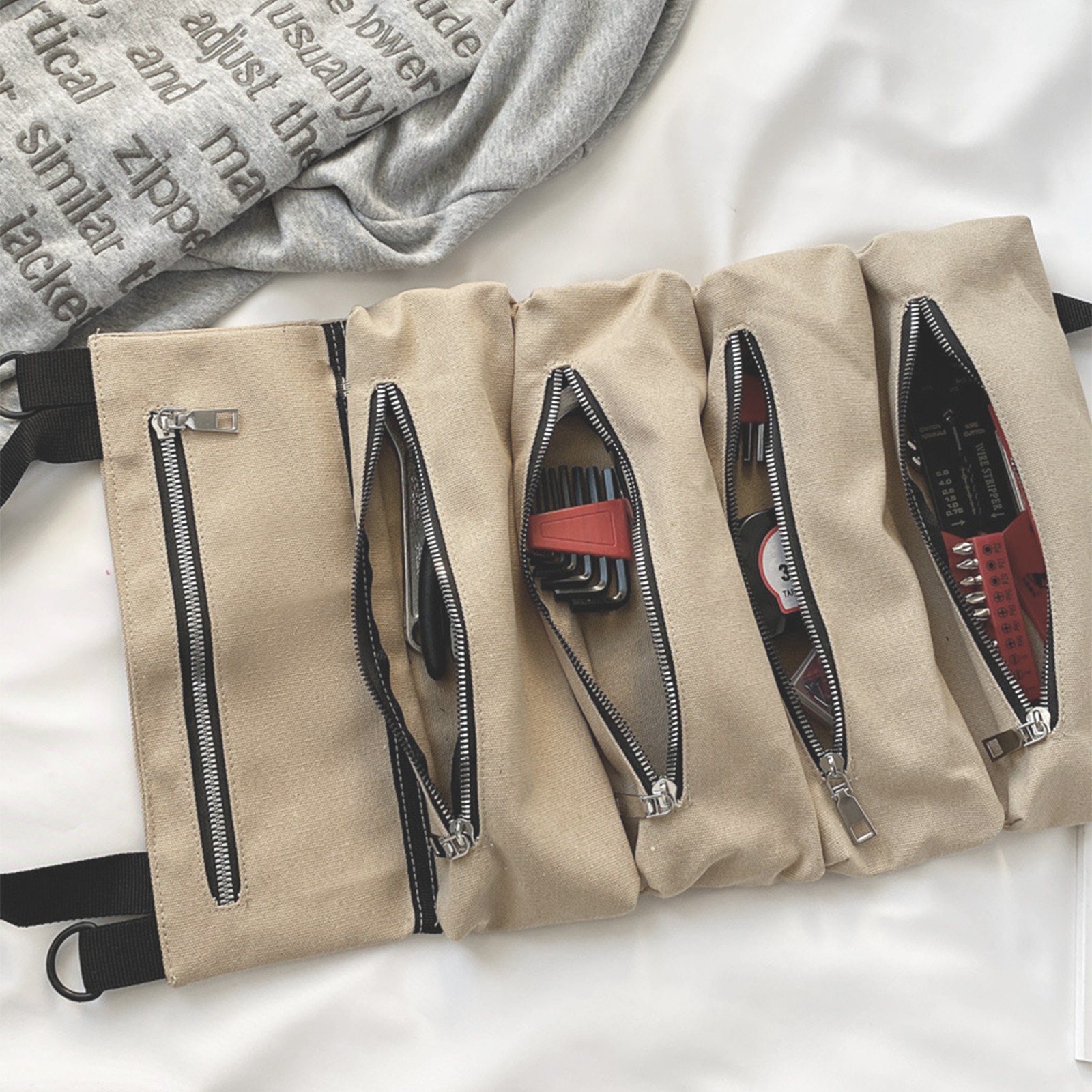 Scratch Resistant Roll Bag Heavy Duty Canvas Roll Up Tool Bag with 5 Pockets