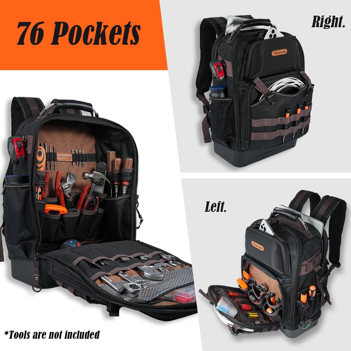 WELKINLAND 76Pockets Tool Backpack, Hard-Bottom Electrician Brown & Black