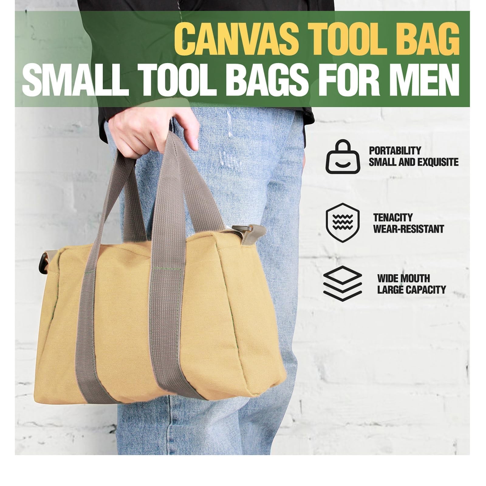 Small Tool Bag, Canvas Storage Large Capacity 18 inch, khaki