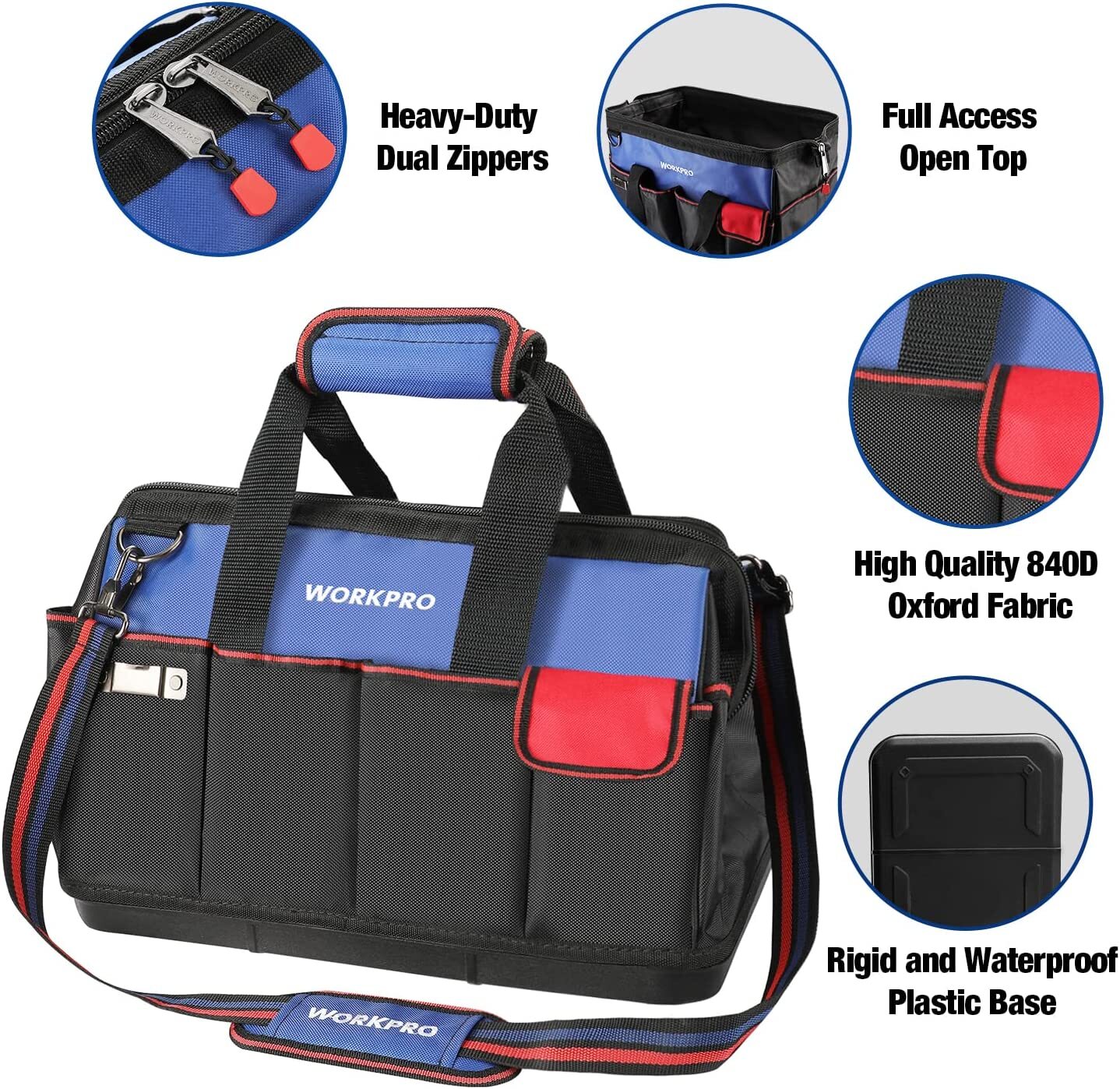 WORKPRO 18″Tool Bag Tool Tote Waterproof with Base and Adjustable Shoulder Strap