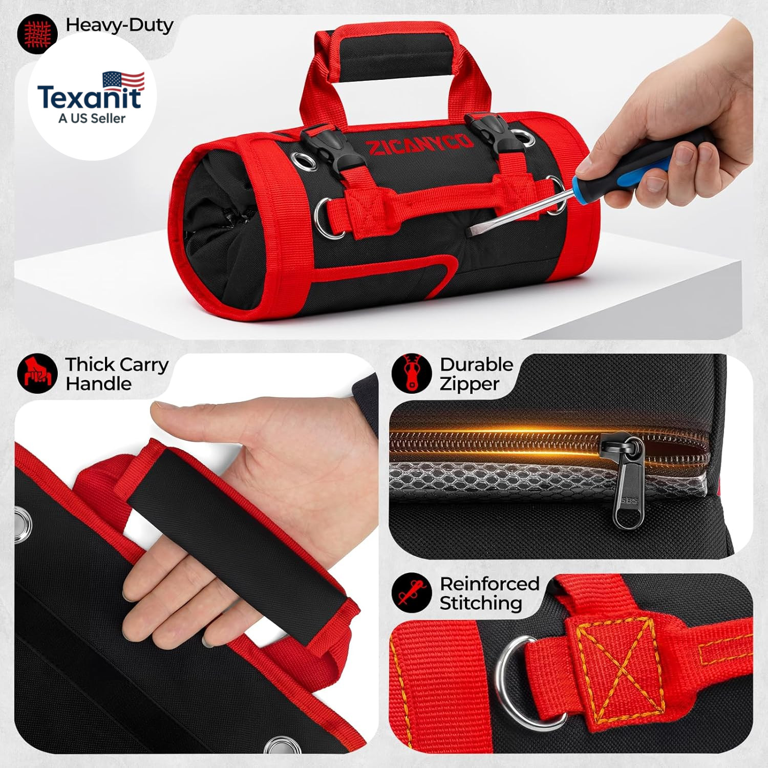 Roll up Tool Bag, Heavy Duty See-Through Tool Roll Organizer with 2 Detachable P